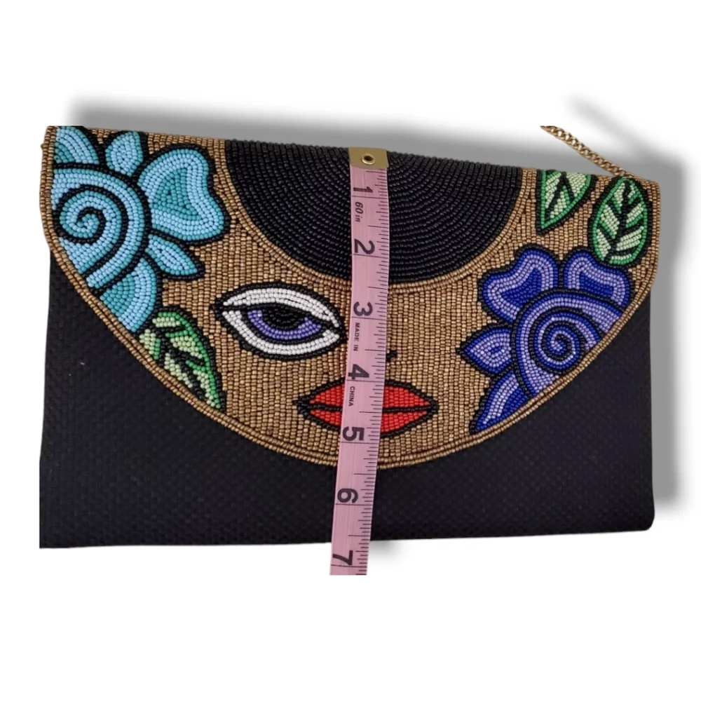 Beaded DAVID JEFFREY Multicolor Floral Face Evening Clutch, Gold Crossbody Chain - Picture 7 of 12
